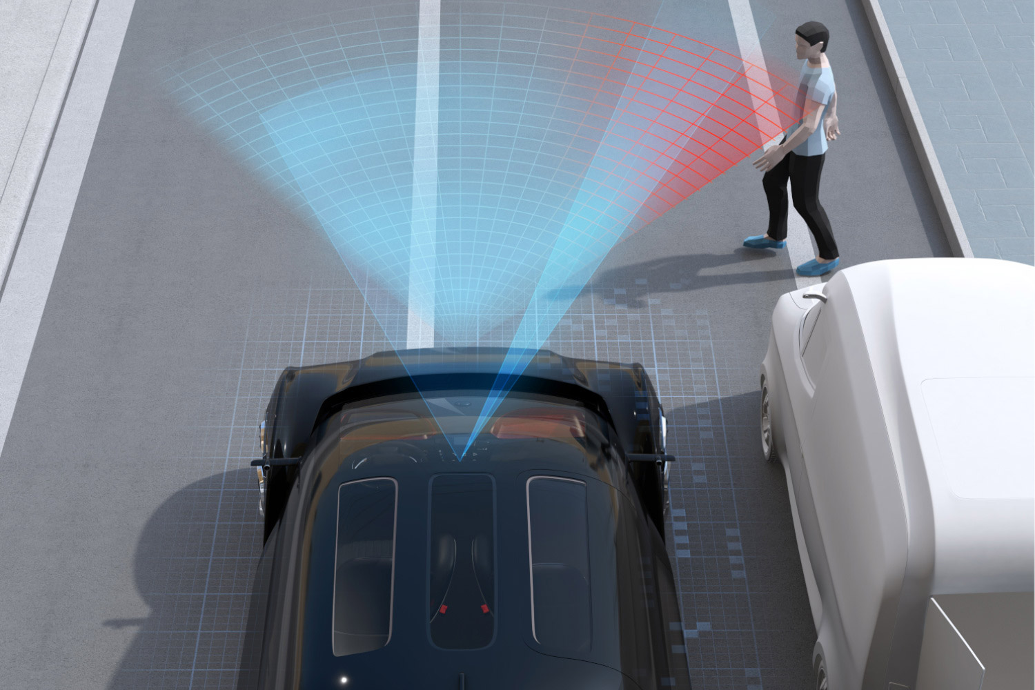 Sensor eines Autos erkennt Fußgänger beim Überkreuzen der Straße