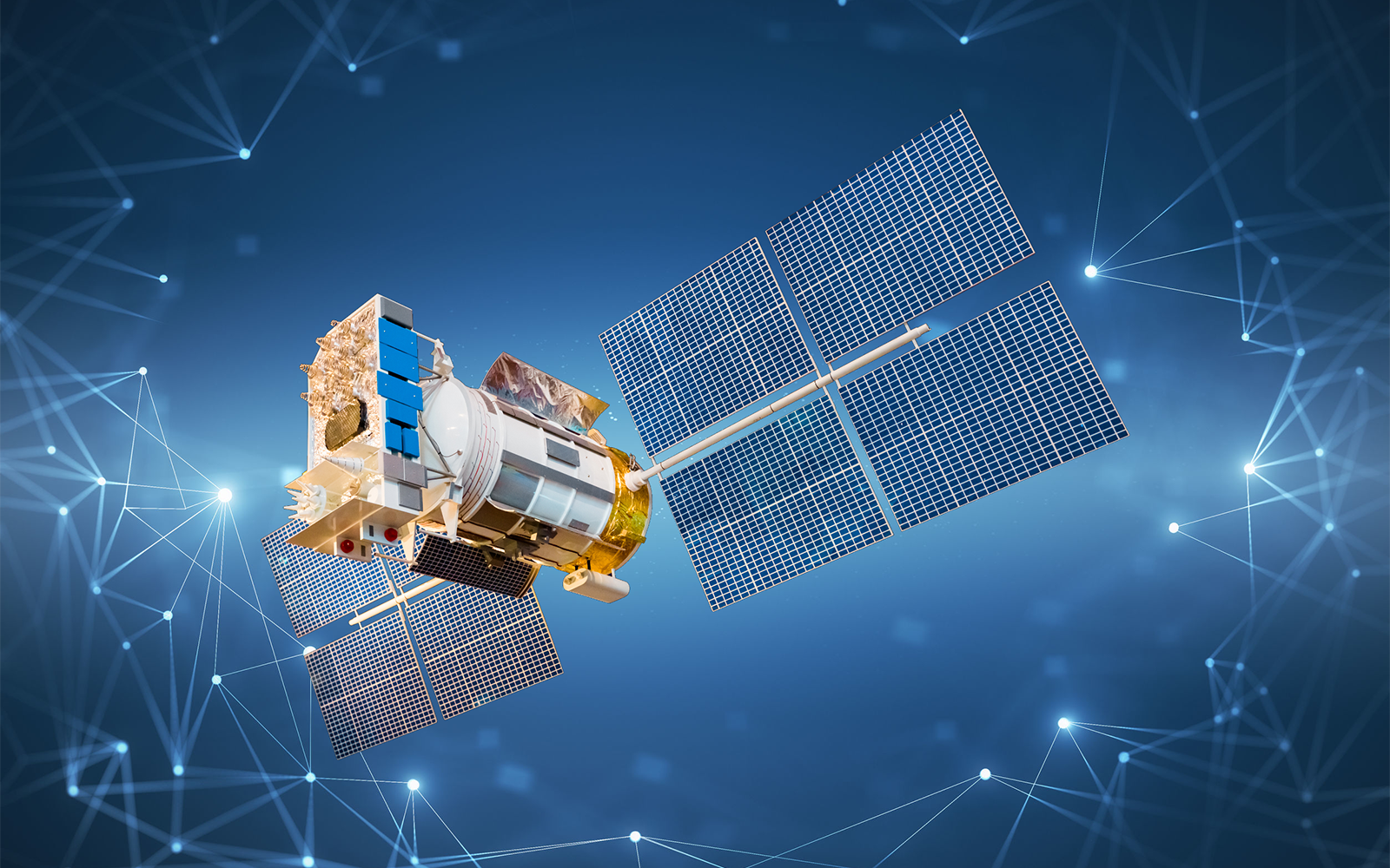 Satellit im Weltraum mit KI-Netzstrukturen überlagert