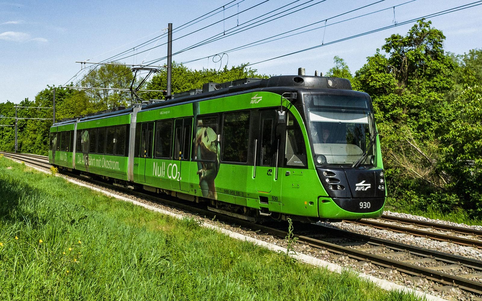 Grüne AVG-Straßenbahn im Grünen, mit Wiese links und Bäumen rechts von den Gleisen