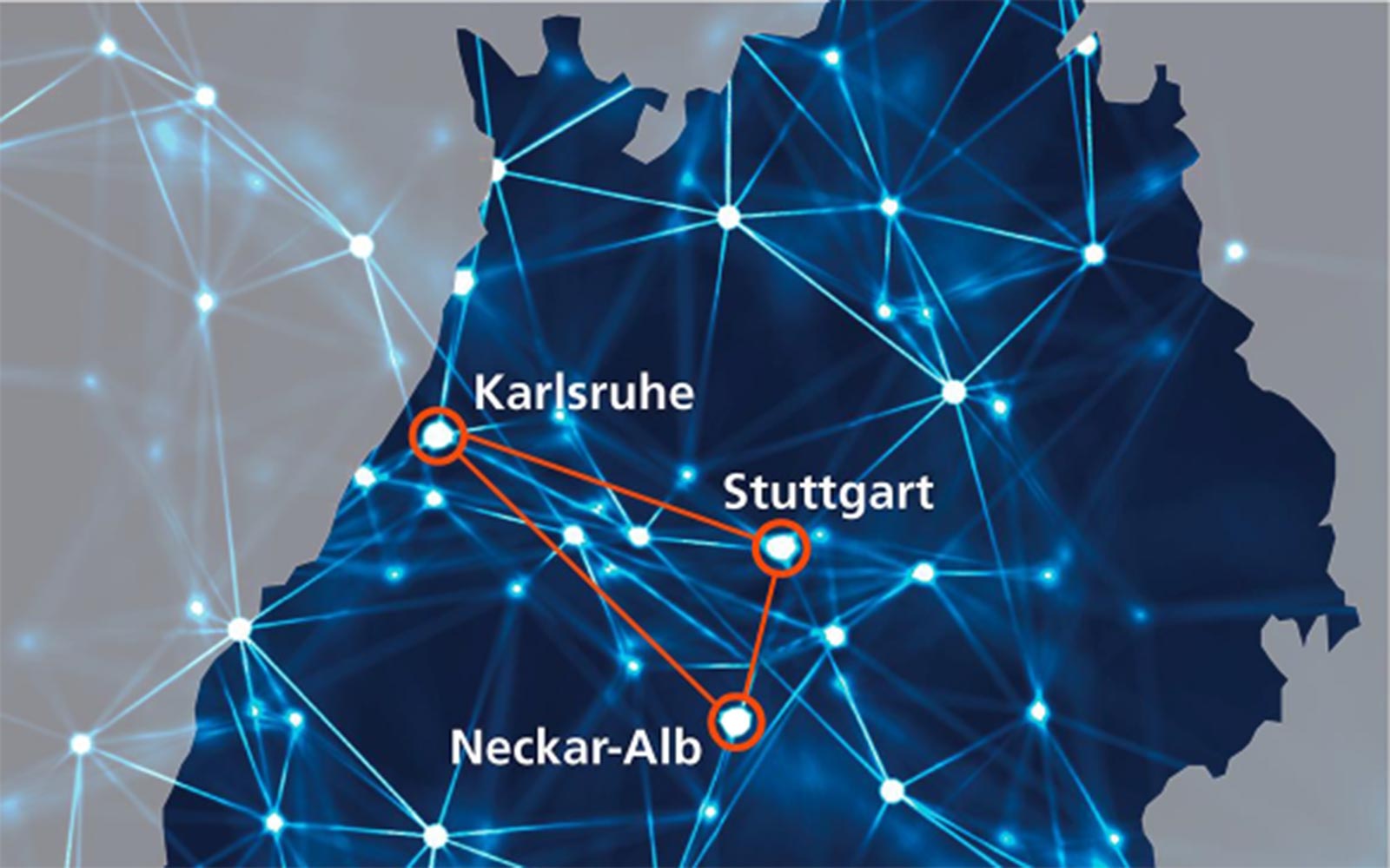 Vernetzte Orte im Zusammenhang mit dem KI-Innovationspark Karlsruhe, Stuttgart, Neckar-Alb