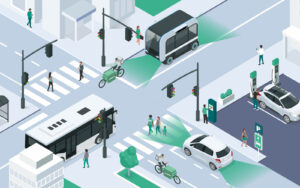Grafik autonomes Shuttle, Bus, Auto und Lastenrad
