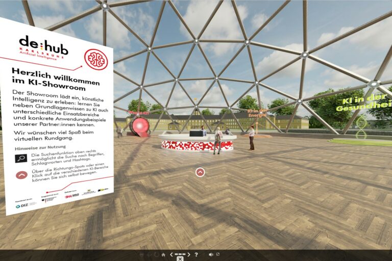 Einblick in den KI-Showroom des de:hub Karlsruhe, imaginäre Glaskuppel vor dem Schloss mit Empfangsdesk Einblick in den KI-Showroom des de:hub Karlsruhe, imaginäre Glaskuppel vor dem Schloss mit Empfangsdesk